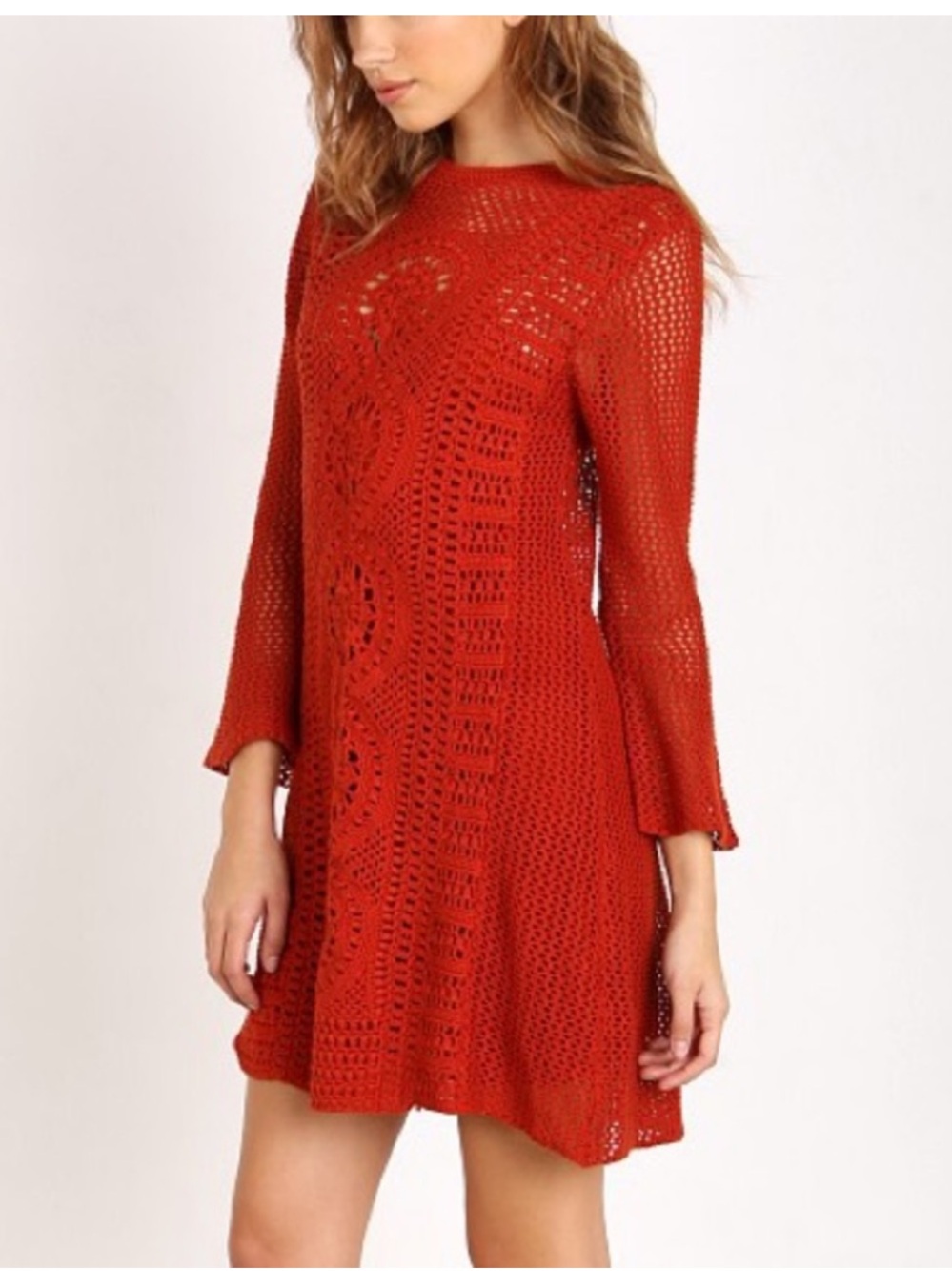 EUC Free People Rosalind Red Crochet Long-Sleeve Knit Dress with slip size M